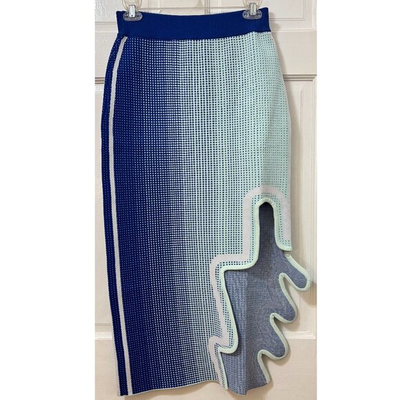PH5 Midi Skirt Blue White Dot Graphic Print Gradient Rago Knit Wavy Hem Long S - Picture 2 of 10